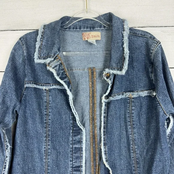 Vintage Y2K Long Denim Jacket Open Frayed Seams Bell Sleeve Women's Large Retro - Picture 2 of 8